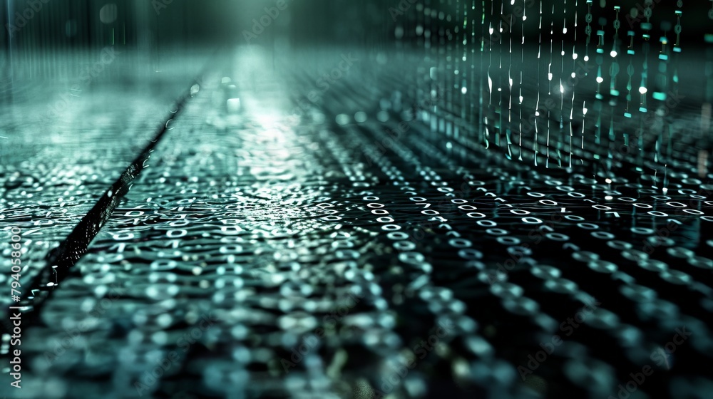Poster a binary code waterfall cascading down a sleek, metallic surface, with a sense of power and innovati