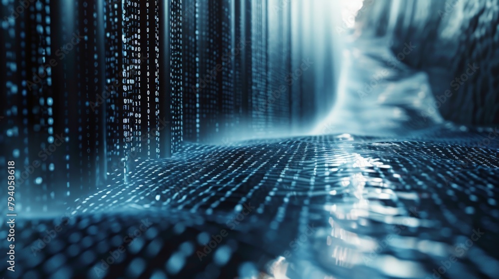Poster a binary code waterfall cascading down a sleek, metallic surface, with a sense of power and innovati