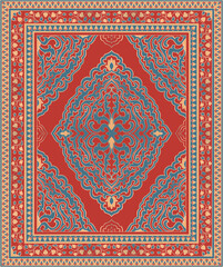 Oriental vector carpet design. Vintage red and blue pattern with frame. Ornamental template for textile, rug, tapestry. - 794058636