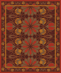 Oriental vector carpet design with pomegranate. Brownd vintage pattern with frame. Ornamental floral background for textile, rug, tapestry. - 794058888