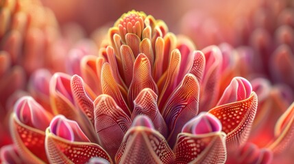 A close-up of a flower bud, its tightly packed petals forming an abstract geometric pattern, ideal for a scientific botanical illustration. 