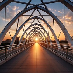 A symmetrical bridge architecture at sunset, realistic steel and glass materials highlighted by luminism, symbolizing connection and innovation