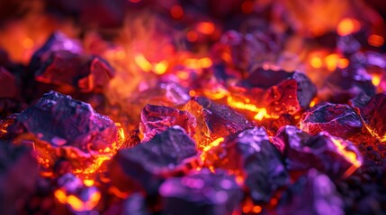 A close-up of colorful embers in a fireplace, their glowing textures creating an abstract world of miniature fire, ideal for a winter home decor catalog.  