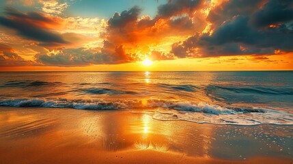 A golden sunset over the ocean, casting warm hues across the sky and reflecting on the sand of an empty beach.  - obrazy, fototapety, plakaty