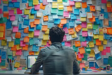 Man Facing a Wall Covered in Colorful Sticky Notes