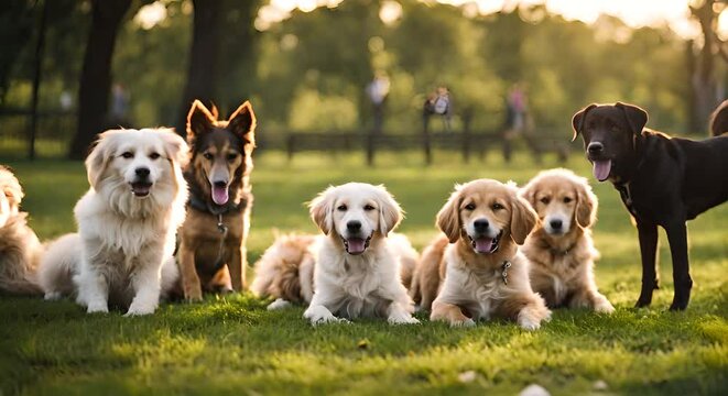 Many dogs in the park.