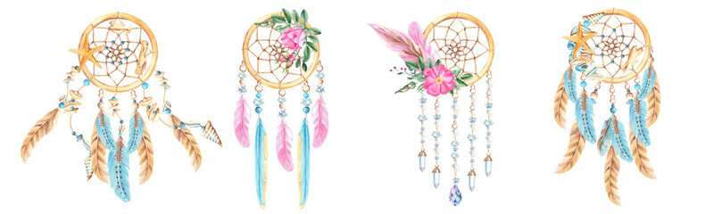 Dream catchers set with feathers, sea shell and sea star, crystals, beads and rose hip, dog rose...