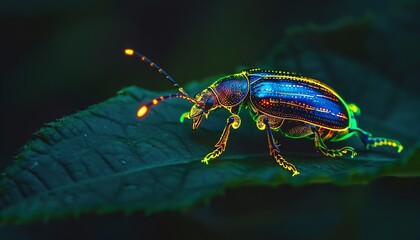 Luminous beetle on leaf, neon outlines, dark jungle, macro shot, mystical glow