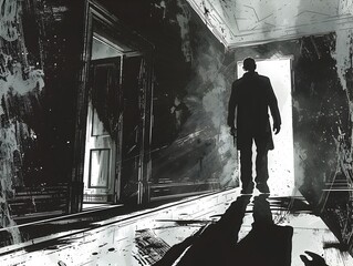 Solitary Figure Looming in Abandoned Hallway of Shadowy,Noir-Inspired Atmosphere
