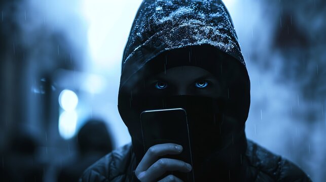 Mysterious figure with phone, intense eyes, urban backdrop, closeup, dramatic shadows