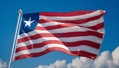 Die Fahne von Liberia, flattert im Wind, isoliert, gegen den blauen Himmel