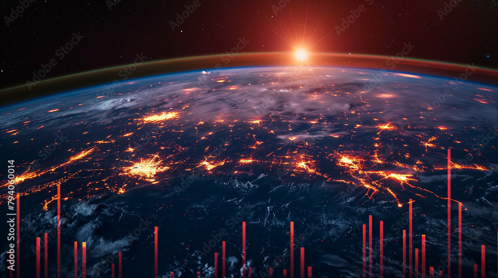 Poster hi-tech hologram of planet earth with glowing vector chart of investment financial data. graph stock