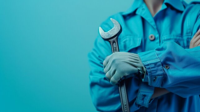 Workers folded arms with wrench blue uniform