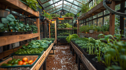 Fototapeta na wymiar Greenhouse for growing fresh herbs and vegetables, organic eco-frendly farming concept