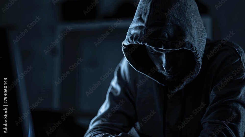 Aufkleber hooded hacker committing digital cybercrime on computer in dark room cyber security concept