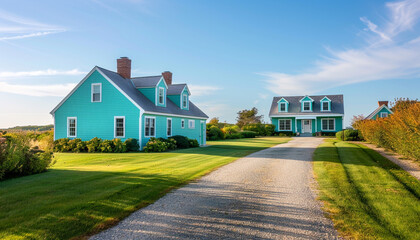 Bright aqua Cape Cod style vacation home with a long, welcoming driveway. The top left corner of the image features copyspace for text.