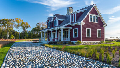 Cape Cod style vacation home in rich plum, with a cobblestone driveway leading up to the house. Copyspace provided in the driveway area for text.