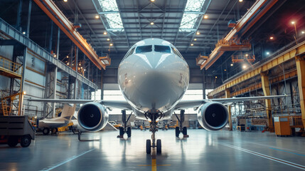 Passenger aircraft in a large repair hangar - obrazy, fototapety, plakaty