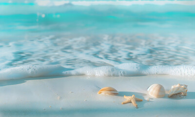 star fish and shell on the beach. beautiful white sand beach and turquoise water. Holiday summer beach background. - 794061058