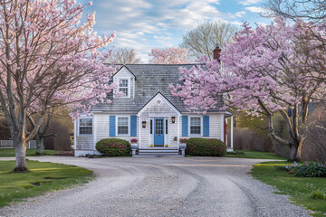 Cape Cod style vacation home in pearl white with blue shutters, located on a quiet cul-de-sac with cherry blossom trees in full bloom.