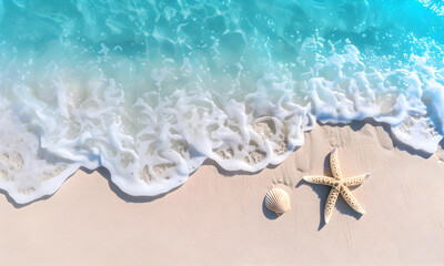 Fototapeta na wymiar star fish and shell on the beach. beautiful white sand beach and turquoise water. Holiday summer beach background.