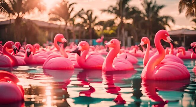 Flamingo inflatables in the pool.