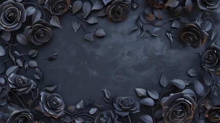 intricate floral frame with black metal roses on dark steel background creative fantasy vignette