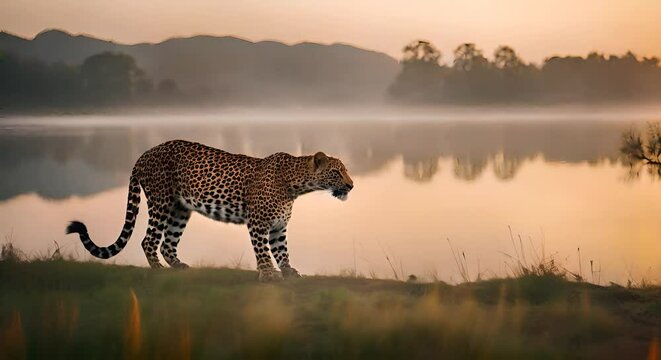 Leopard next to a lake.