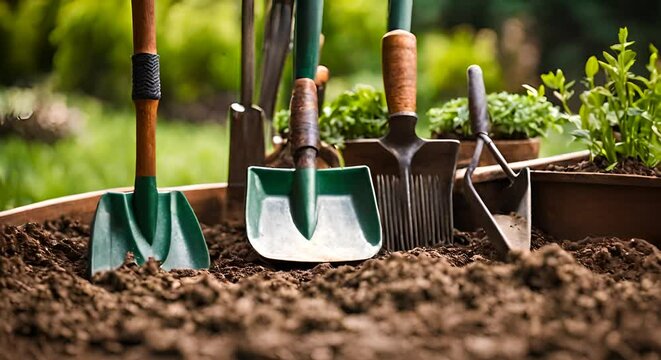 Gardening items in a garden.