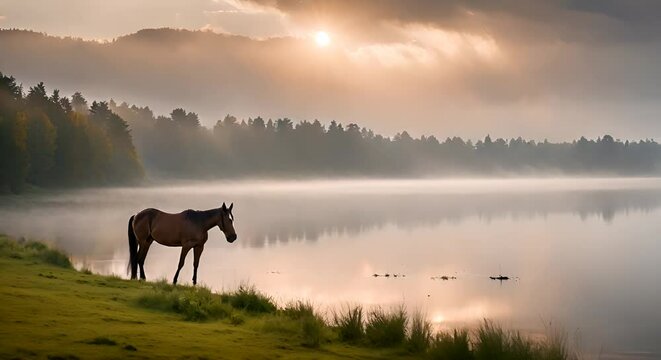 Horse next to a lake.