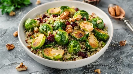 Fototapeten Fried brussels sprouts salad with quinoa, cranberries and nuts in a white bowl. © Vasiliy