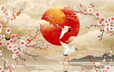 Luxury gold oriental style background vector. Chinese and Japanese oriental line art with gold texture. Wallpaper design with cherry blossoms and Flamingos. Red sun
