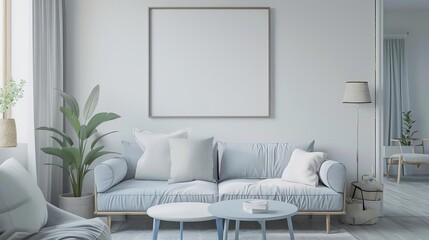 japandi minimalist living room with frame mockup white and blue tones farmhouse interior design 3d rendering - obrazy, fototapety, plakaty