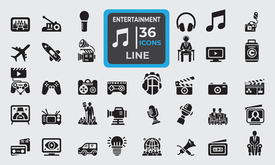 Set of 36 solid fill icons related to entertainment, music, life style, singer, stage, festival etc. solid icon collection. Editable fill. Vector illustration