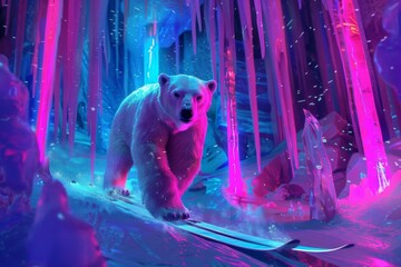 futuristic polar bear on skis amidst neonlit ice sculptures digital painting - obrazy, fototapety, plakaty