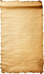 ANCIENT CRUMPLED LETTER, Isolated, Vertical aged paper, Parchment, Page, Sheet. An image of a slightly folded sheet of an ancient paper with wide space suitable for memo, message, text placement.