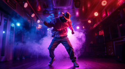 Fototapeta na wymiar Hip Hop dancer dancing on a stage in neon colors. The young man is likely showcasing his dancing skills in a performance setting. Modern dance, clothing, performance art, and music.