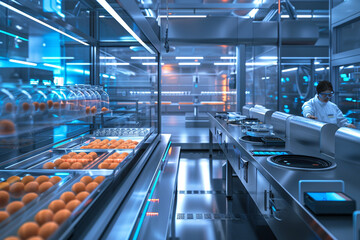 Detailed image of a biotech facility using CRISPR to develop hypoallergenic food products, showcasing gene editing tools and allergen testing 32k, - Powered by Adobe