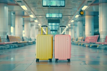 Two modern suitcases standing in empty waiting area airport hall, traveler suitcases in airport terminal waiting area with blank space for text message or design, vacation concept