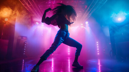 Hip Hop dancer dancing on a stage in neon colors. The young woman is likely showcasing his dancing skills in a performance setting. Modern dance, clothing, performance art, and music.