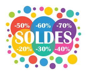 Soldes. Illustration vectorielle colorée avec étiquettes promos. Mot en français. 