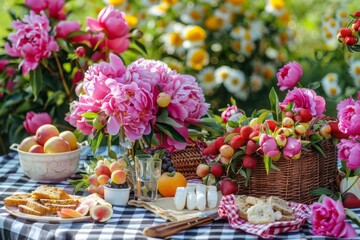 Fototapeta na wymiar floral feast picnic spread on checkered tablecloth amidst blooming peony meadow summer lifestyle