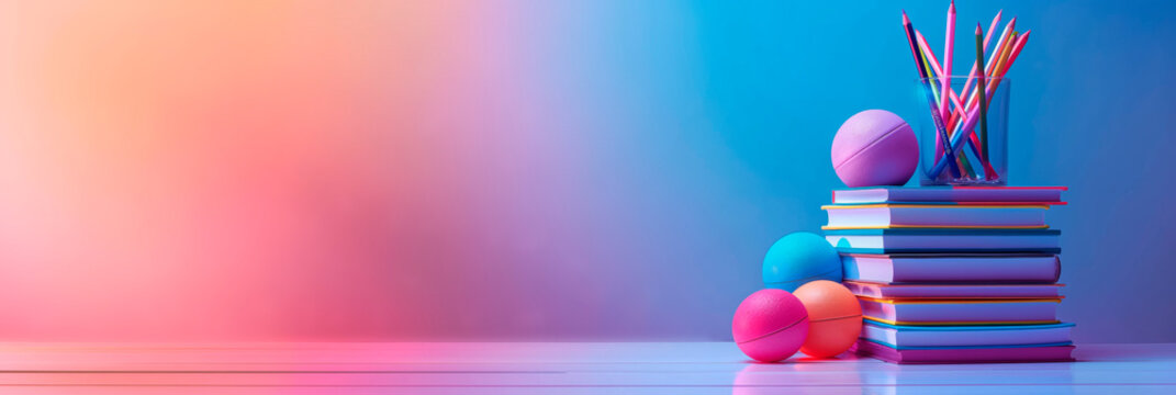Stack of colorful books with pencils and geometric shapes on a vibrant gradient background