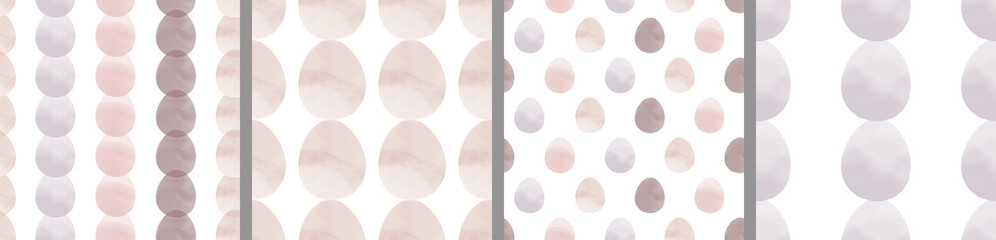 Watercolor set of seamless patterns. Collection of hand drawn pastel Easter eggs