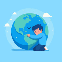 Collection of person hugging earth planet globe. Mother earth and environment awareness. vector illustration