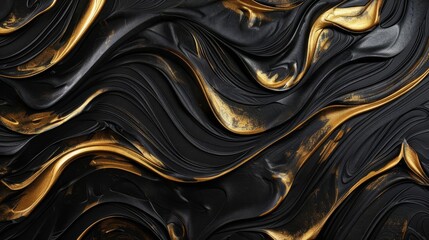 luxury golden waves and swirls on black acrylic painted canvas texture abstract 3d background