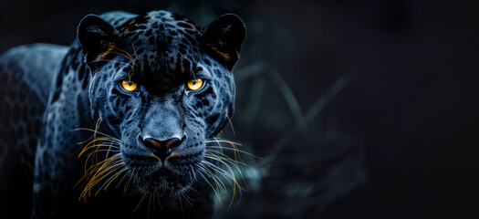 Black panther with intense eyes in dark jungle setting