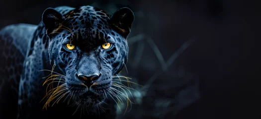 Foto op Plexiglas Black panther with intense eyes in dark jungle setting © Volodymyr