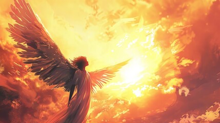 majestic angel with open wings gazing at sunset heavenly fantasy illustration - obrazy, fototapety, plakaty