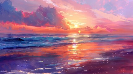Obraz premium majestic sunrise over tranquil beach with vivid orange and pink hues digital painting